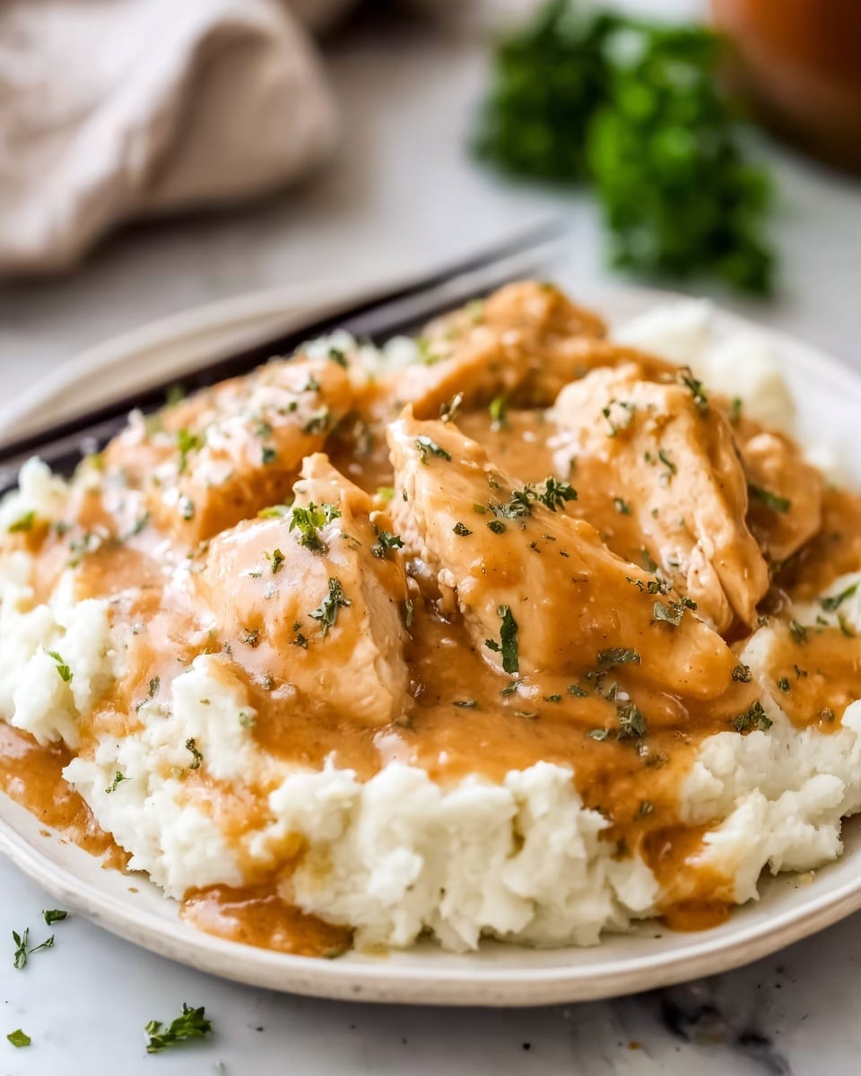 A scalloped white plate holds a serving of fluffy white mashed potatoes spread as the bottom layer, topped with several thick pieces of light brown chicken covered in a glossy, smooth tan gravy. Small green herb pieces are sprinkled lightly over the chicken and gravy for color contrast. A pair of black chopsticks rests on the edge of the plate. The scene is set on a white marbled surface with a soft, blurred background. photo taken with an iphone --ar 4:5 --v 7