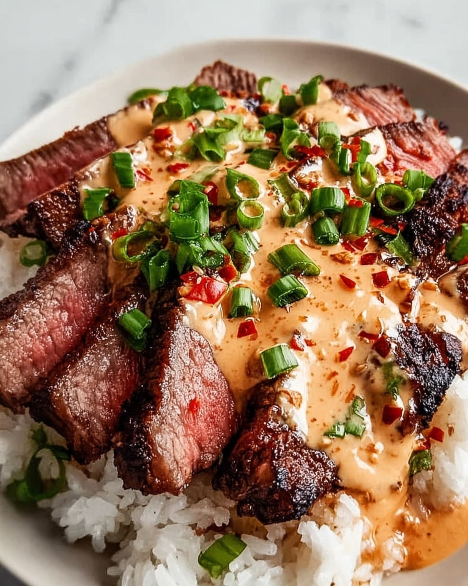 The image shows sliced grilled steak pieces with a dark, charred crust and a tender, pink center layered on top of a bed of white rice. The steak is covered with a creamy, light brown sauce with red specks and topped with fresh, chopped green onions. The white rice underneath looks soft and slightly sticky, creating a contrast with the rich and textured steak and sauce. All this is placed on a background with a white marbled texture. photo taken with an iphone --ar 4:5 --v 7