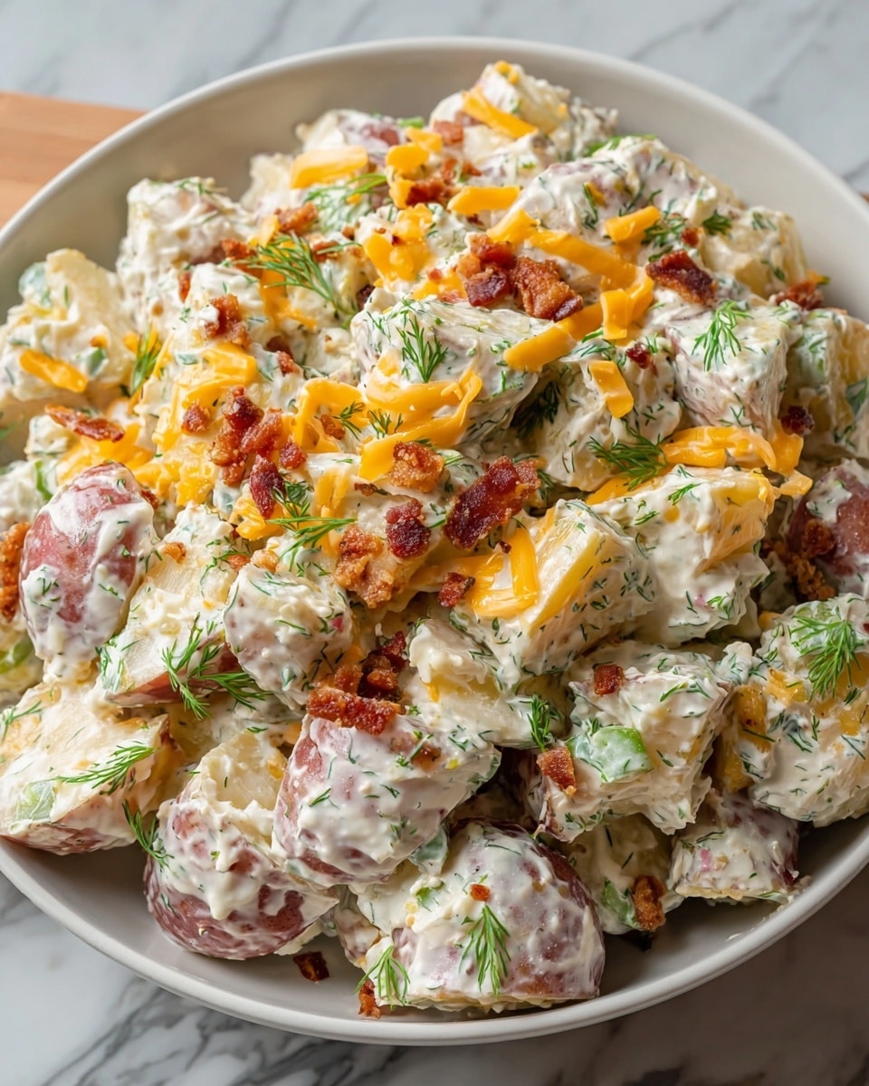 The dish is a bowl filled with chunky pieces of red-skinned potatoes, each coated in a creamy white dressing mixed with small green herb bits. Scattered on top of the potatoes are shreds of yellow cheddar cheese and small, crisp pieces of reddish-brown bacon. The herbs add small green flecks throughout, giving a fresh look to the creamy texture. The bowl is white and sits on a white marbled surface, with a wooden spoon partially visible on the side. photo taken with an iphone --ar 4:5 --v 7