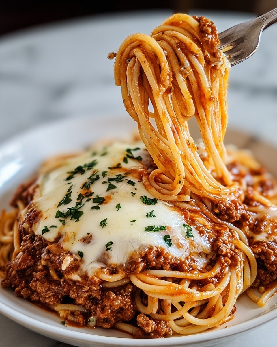 A close-up of a white plate filled with spaghetti mixed in a reddish-brown meat sauce, showing visible pieces of ground meat and herbs. On top of the pasta is a melted layer of white cheese sprinkled with chopped green parsley. A fork is lifting a swirl of spaghetti from the plate, showing the noodles stretched with melted cheese. The background has a soft focus white marbled texture. Photo taken with an iphone --ar 4:5 --v 7