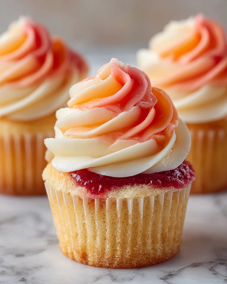 A close-up of a cupcake with three main layers, placed on a white marbled surface. The bottom layer is a light golden-brown cake with a soft texture and visible crumbs. The middle layer consists of bright red jelly or jam embedded within the cupcake, showing through the slightly translucent paper wrapper. The top layer is a swirl of smooth, creamy frosting in three colors—white at the base, transitioning to a pale peach, and finishing with a soft coral pink at the peak. There are two more cupcakes blurred in the background with similar coloring. Photo taken with an iphone --ar 4:5 --v 7