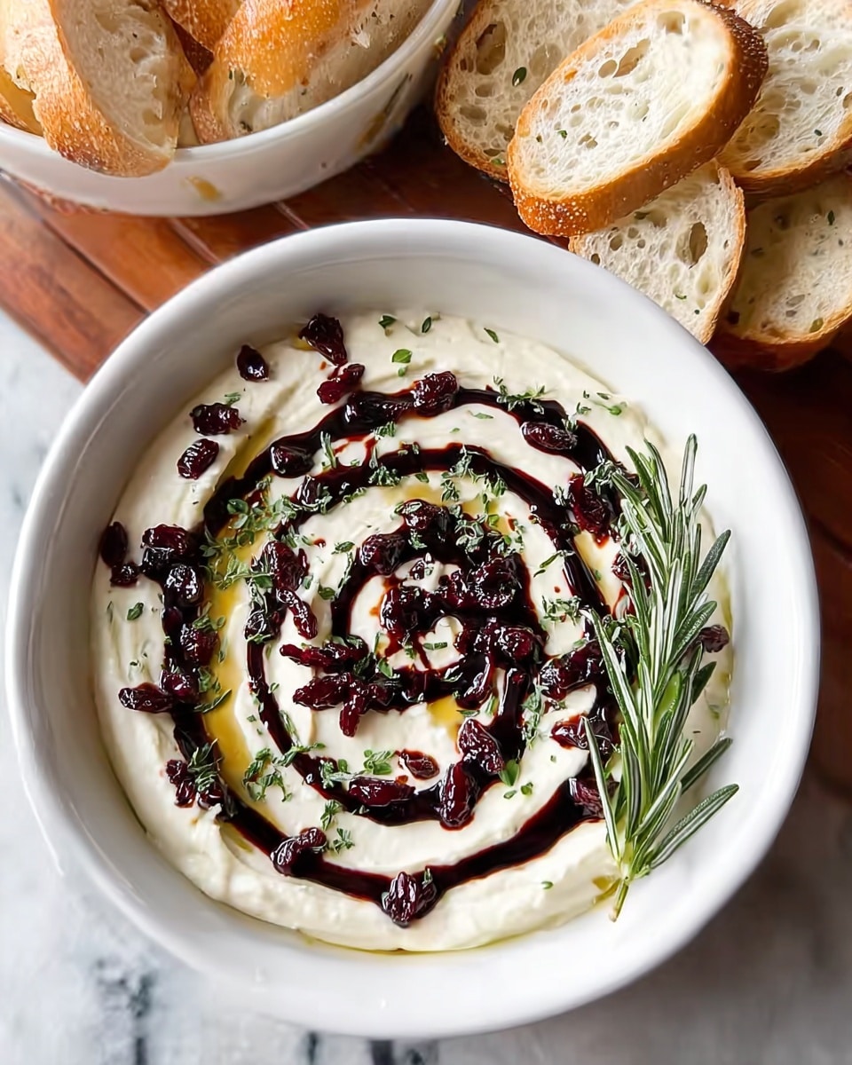In a white bowl, there is a smooth, creamy white spread as the base layer, spread evenly with gentle swirls. On top, a dark glossy balsamic glaze is drizzled in concentric circles, creating a striking contrast. Scattered all over are small, deep red dried cranberries adding texture and bursts of color, along with fresh green rosemary sprigs placed mainly on one side for garnish. Next to the bowl, there is a white bowl filled with rustic slices of light golden bread that show a soft, airy crumb texture. The bowls are set on a white marbled surface with a pinkish woven napkin partially visible in the background. photo taken with an iphone --ar 4:5 --v 7