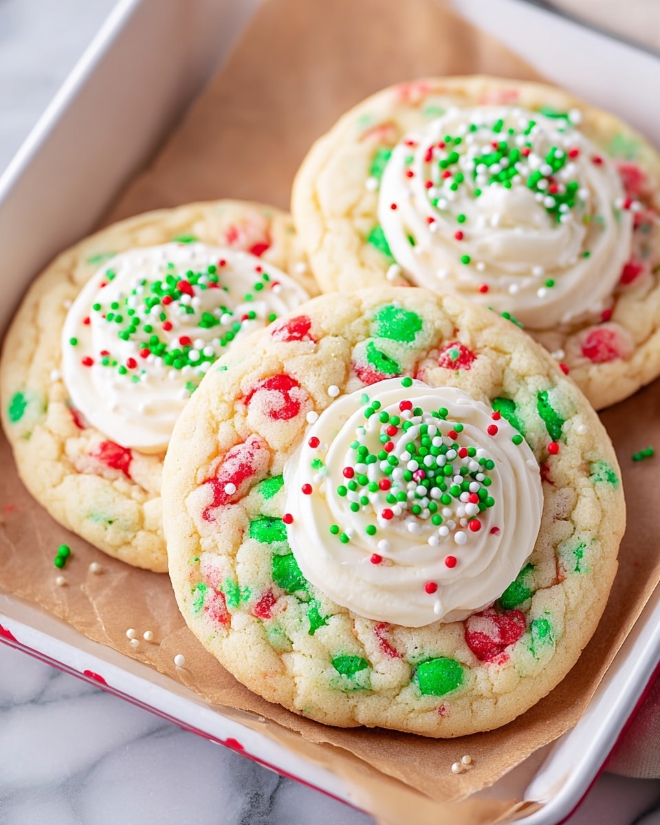 A close-up view of a stack of three large cookies laid flat in a metal tray lined with light brown parchment paper on a white marbled surface. Each cookie has a soft, golden-yellow base speckled with small bits of red and green, indicating sprinkles inside the dough. On top of each cookie is a thick layer of creamy white frosting, swirled in a smooth circular pattern. The frosting is decorated with small, colorful sprinkles in red, green, and white scattered evenly across the surface. The cookies are stacked with slight overlap, showing their round shape and textured edges clearly. photo taken with an iphone --ar 4:5 --v 7