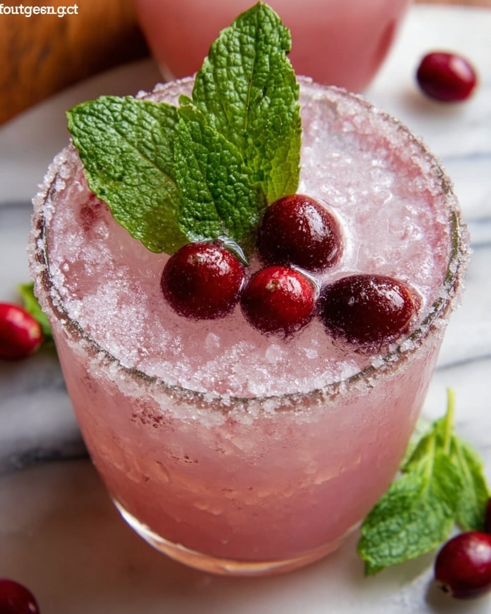 A clear glass filled with a light pink crushed icy drink, topped with bright red cranberries scattered on the surface, and three fresh green mint leaves standing upright in the center. The rim of the glass shows a thin layer of sugar crystals. The background is a white marbled texture with a few loose cranberries and mint leaves nearby. Photo taken with an iphone --ar 4:5 --v 7