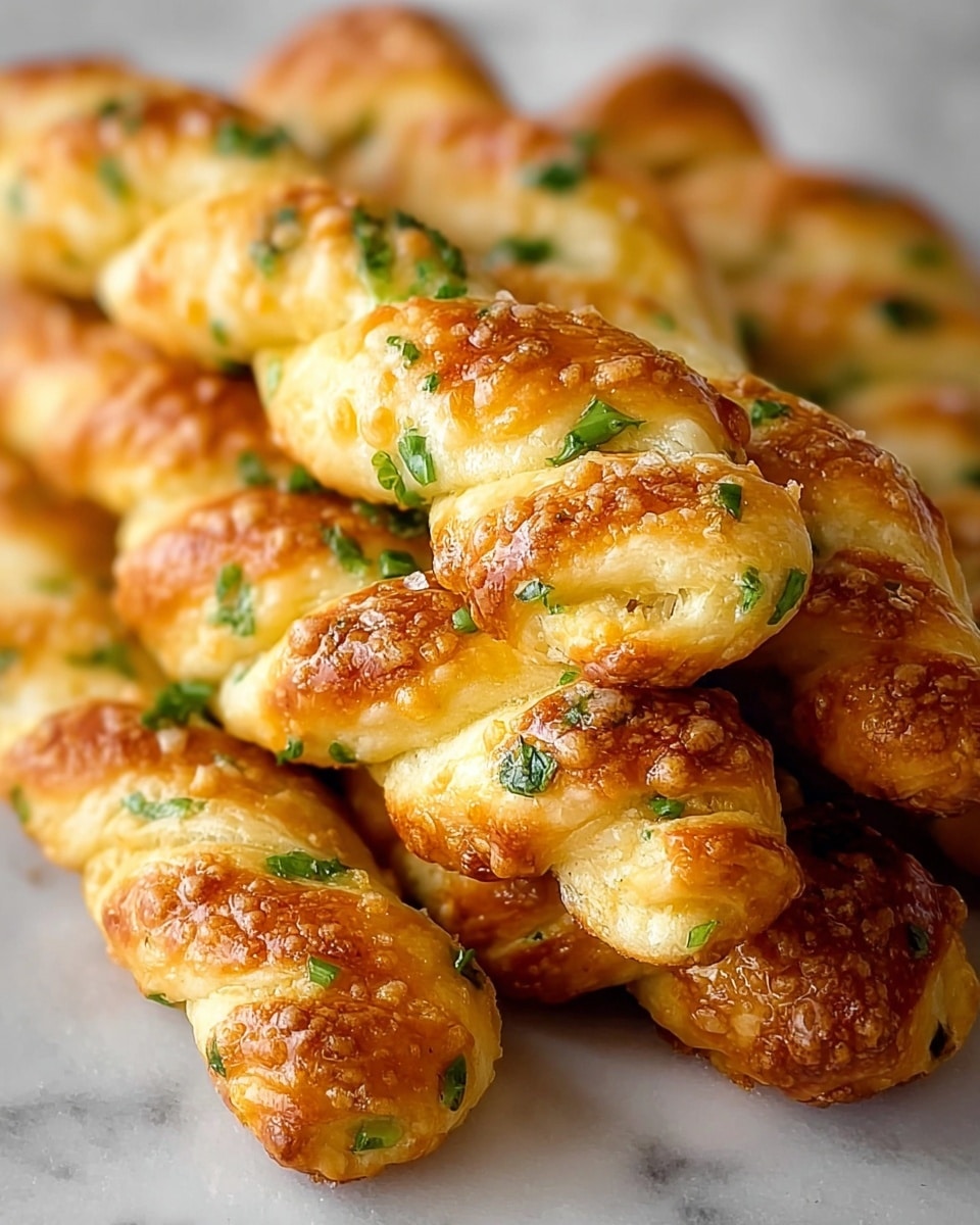 The image shows a close-up of twisted breadsticks stacked on a white marbled surface. Each breadstick has a golden-brown crust with a shiny, glossy finish and visible bubbles from baking. Green pieces of chopped herbs are sprinkled throughout the dough, adding spots of color. The breadsticks have a soft, airy texture marked by gentle folds and twists, with a sprinkling of coarse salt on top. The light hits the breadsticks, highlighting their warm, inviting tones and the contrast between crisp outer crust and soft inside. photo taken with an iphone --ar 4:5 --v 7