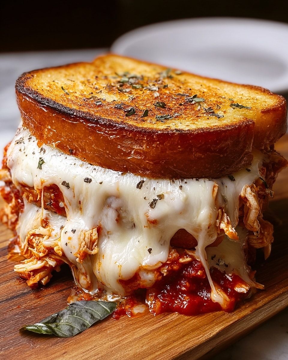 A close-up of a toasted sandwich on a wooden board showing three main layers: the top layer is a golden brown toasted bread with a crisp texture, followed by a layer of bright red tomato sauce with herbs peeking through, underneath which melted white cheese stretches out in gooey, stringy folds, covering shredded chicken mixed with red sauce and bits of green basil leaves. There is a slight sprinkle of black pepper on the cheese, and the sandwich edges are messy with melted cheese and sauce dripping slightly. In the background is a white plate on a white marbled surface. Photo taken with an iphone --ar 4:5 --v 7
