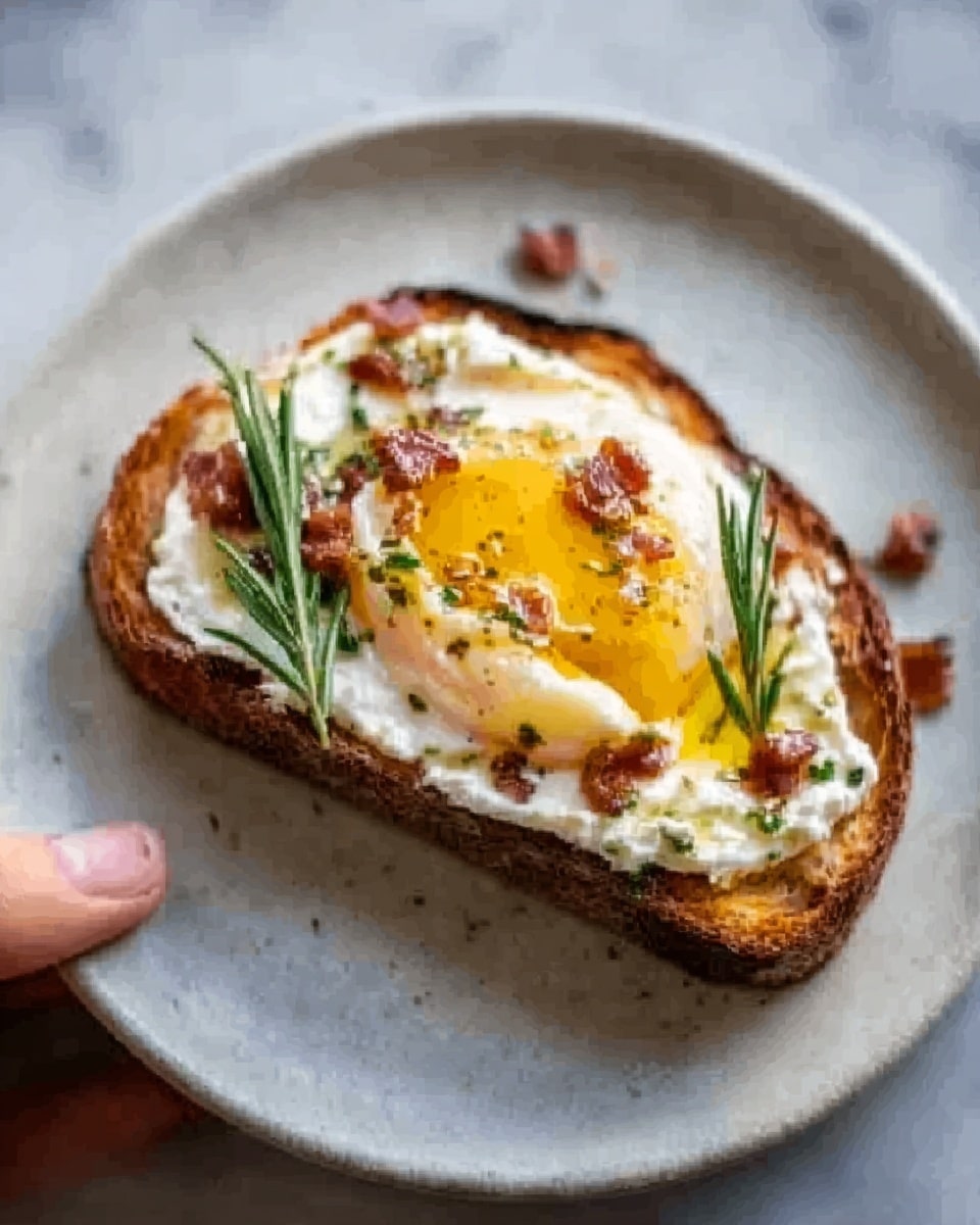 A single slice of toasted brown bread topped with a layer of white creamy spread, followed by a perfectly cooked sunny-side-up egg with a bright yellow yolk slightly dripping. Small bits of crispy brown bacon are sprinkled on top, and a few green herb sprigs decorate the dish. The toast is placed on a white plate set on a white marbled surface. A woman's hand is holding the edge of the plate. Photo taken with an iphone --ar 4:5 --v 7