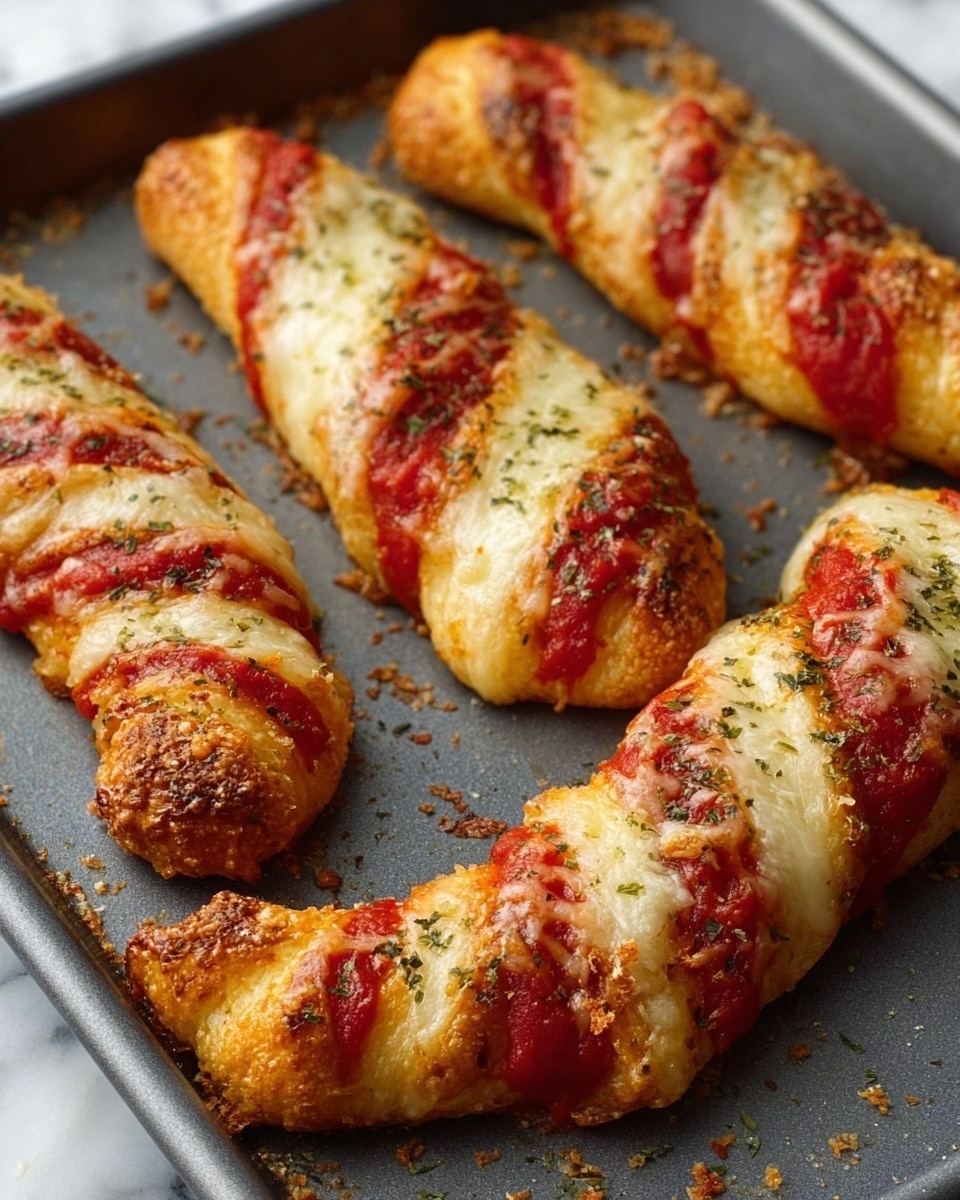 The image shows three twisted breadsticks on a gray baking tray, each with two main layers: a golden brown, crispy bread base twisted into a crescent shape, topped with thick, alternating stripes of melted white cheese and bright red tomato sauce, sprinkled lightly with green herbs, probably dried oregano. The cheese has a bubbly, slightly browned texture in spots, and the tomato sauce looks smooth and glossy. The tray sits on a white marbled surface. photo taken with an iphone --ar 4:5 --v 7
