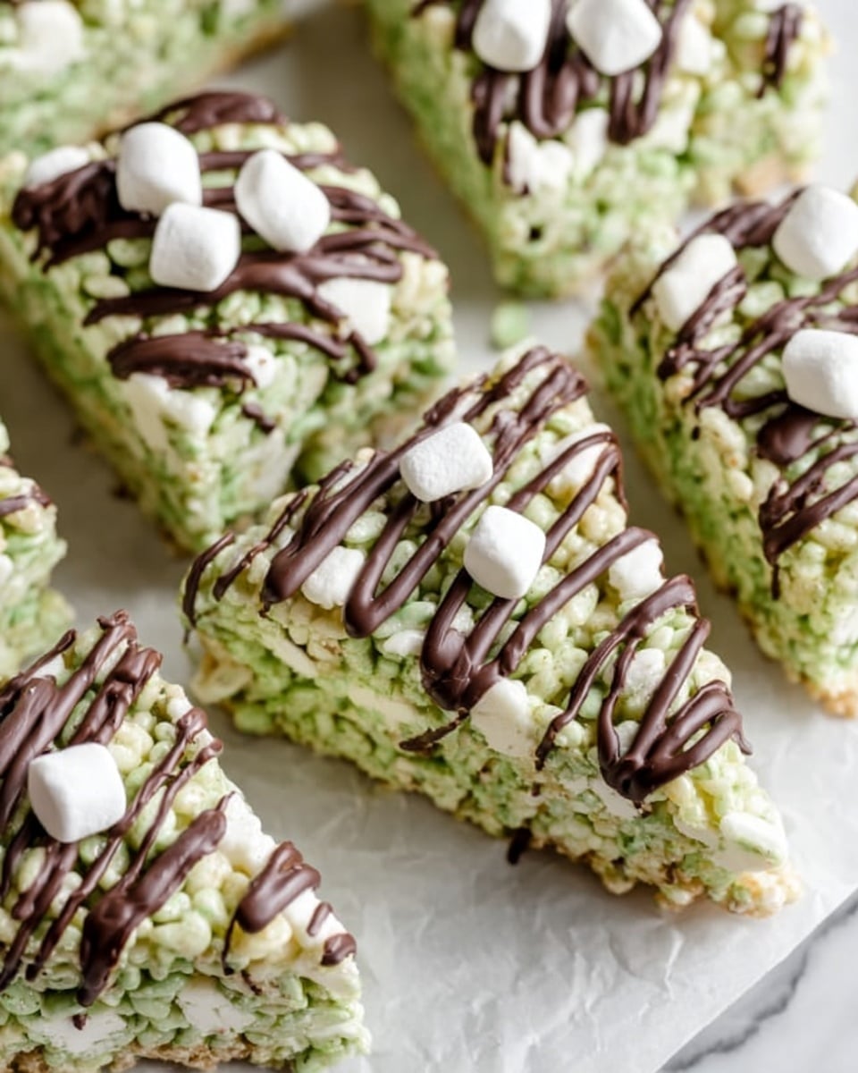 The image shows crispy rice treats cut into triangles, each one made of pale green crispy rice mixed with small white marshmallows inside. On top of each triangle, there are a few white mini marshmallows, and dark chocolate is drizzled in thin lines over the top. The treats are placed closely together on white parchment paper, all against a white marbled surface in the background. photo taken with an iphone --ar 4:5 --v 7