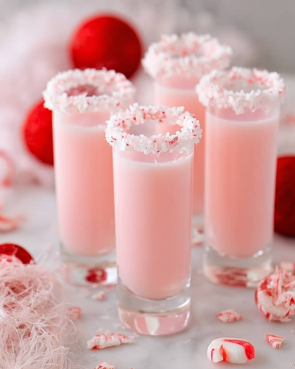 Four tall clear glasses filled with a smooth, light pink drink. Each glass has a thick rim covered with white crushed candy or sugar crystals. The glasses are placed on a white marbled surface with scattered red and white peppermint candies and red round decorations in the background. The scene has a soft, festive feel with a hint of white fuzzy fabric on the surface. Photo taken with an iphone --ar 4:5 --v 7