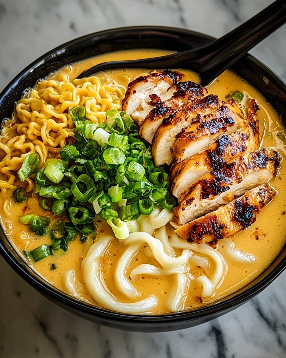 A black bowl filled with creamy orange broth holding three distinct noodle types: curly ramen noodles on the left, round white udon noodles on the right, and grilled chicken slices in the center that are golden brown with char marks showing texture and juiciness. On top of the noodles and chicken is a pile of fresh, chopped green onions adding a bright green color contrast. The bowl rests on a white marbled surface, and a black spoon is placed inside the bowl on the right side. Photo taken with an iphone --ar 4:5 --v 7