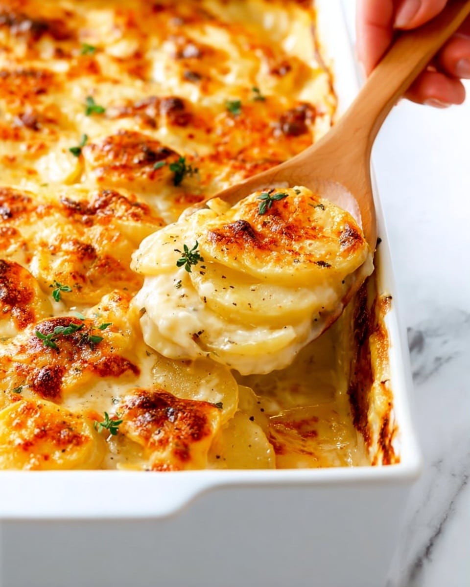 A close-up view of a white rectangular ceramic baking dish filled with layered scalloped potatoes. The dish has several layers of thinly sliced potatoes that are creamy white with golden brown crispy cheese on top. The potato slices are tender, partly covered in melted cheese that has browned spots. Small green herb leaves are scattered on the top layer. A woman's hand is holding a wooden spoon, lifting a portion of the cooked potatoes from the dish. The background is a white marbled texture. photo taken with an iphone --ar 4:5 --v 7