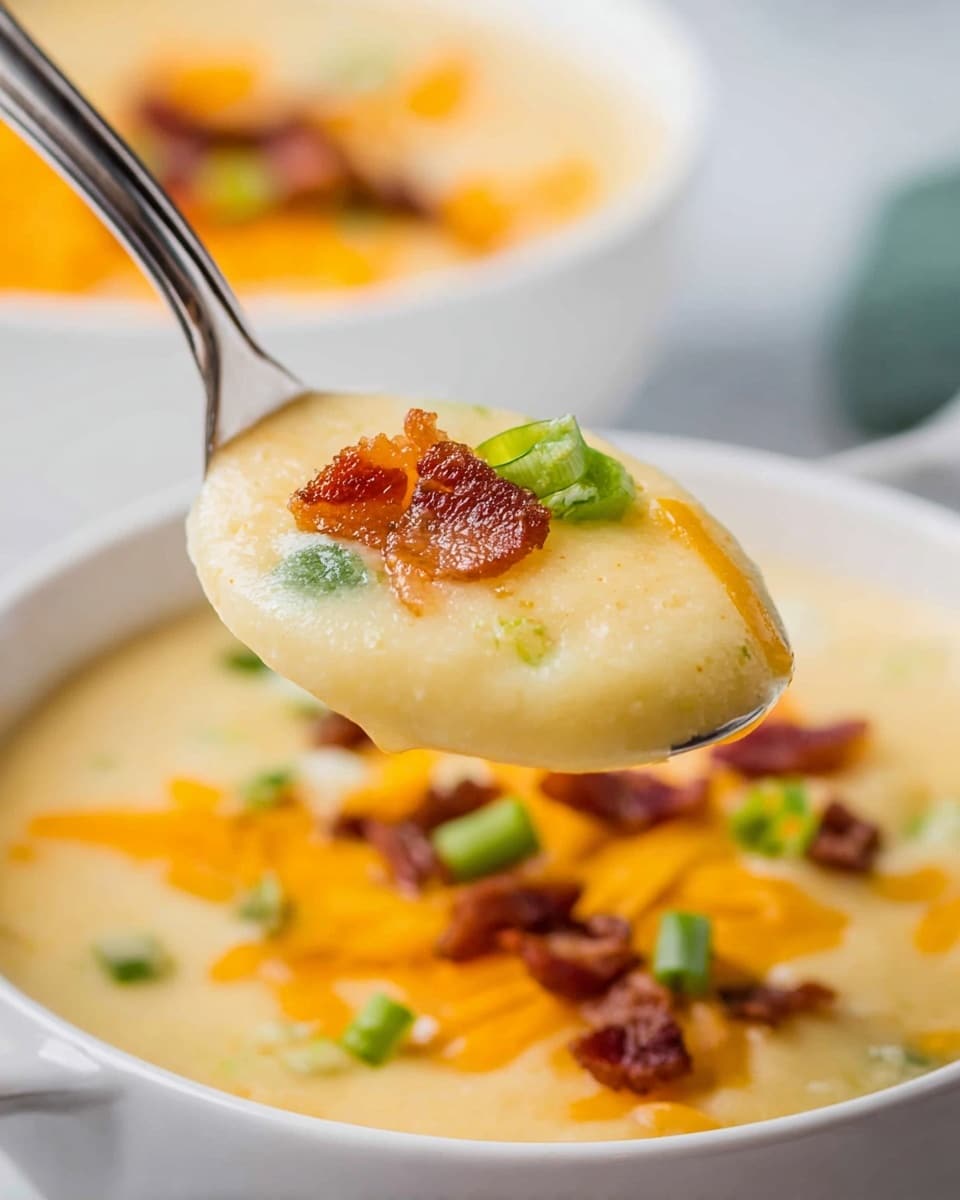 A close-up image showing a spoon lifting a creamy, light yellow mixture that is thick and smooth in texture. On top of the mixture, there are small pieces of crispy brown bacon, thin strips of bright orange cheddar cheese, and a small slice of fresh green onion placed in the center. In the background, a white bowl filled with the same creamy mix topped with more bacon, cheese, and green onion pieces sits on a white marbled surface, slightly out of focus. photo taken with an iphone --ar 4:5 --v 7