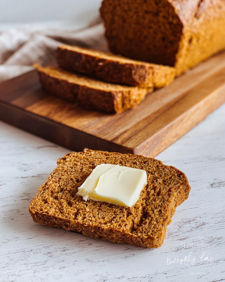 A close-up image of a single slice of brown bread with a square white slice of butter melting on top, placed directly on a white marbled surface. Behind it is a wooden cutting board holding a loaf of the same brown bread, partially sliced with five thick slices visible. The bread has a crumbly, slightly coarse texture. The scene is simple with natural light highlighting the warm tones of the bread against the clean white marbled surface. photo taken with an iphone --ar 4:5 --v 7