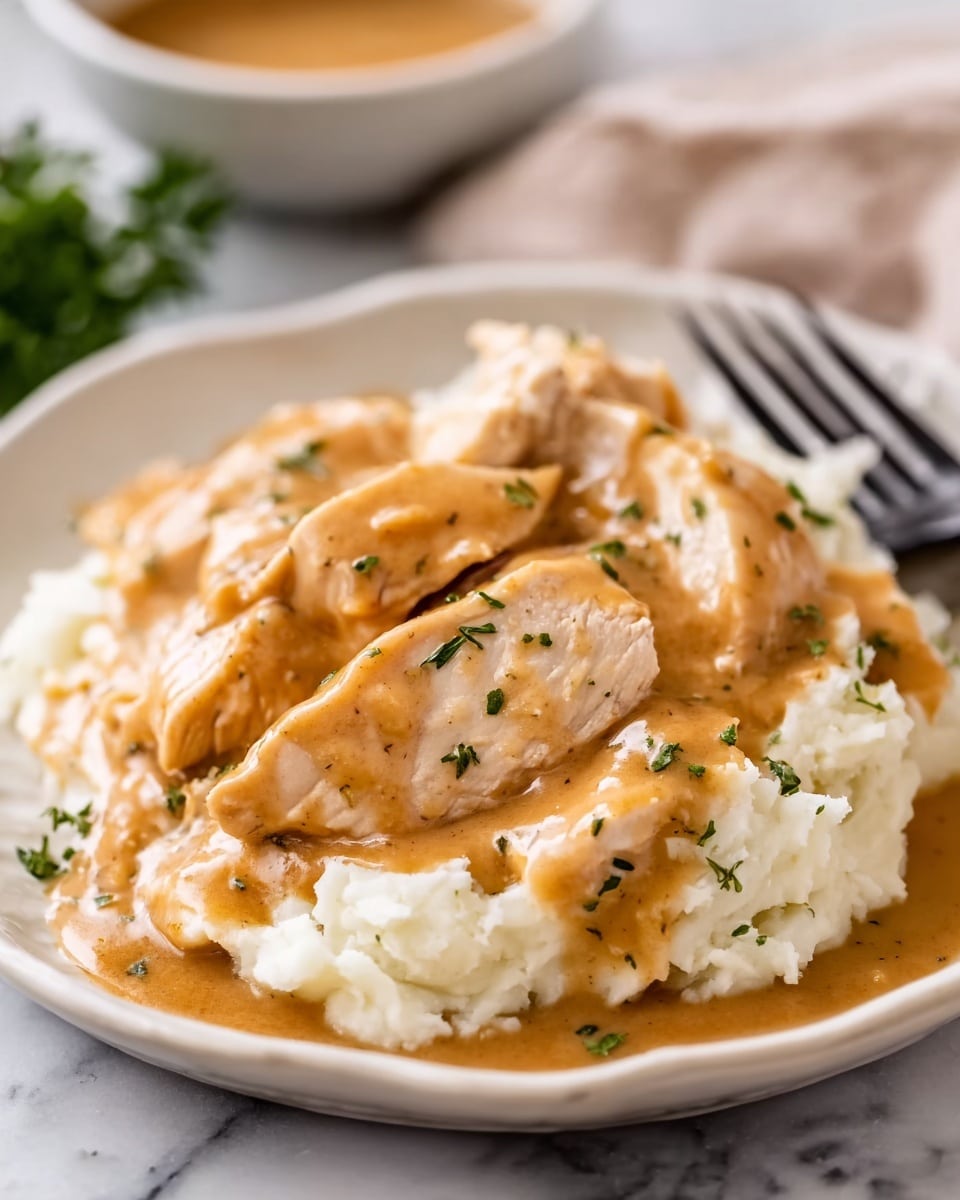 The image shows a white scalloped plate with a base layer of fluffy mashed potatoes that look soft and creamy with some texture. On top, there are multiple slices of tender, light brown cooked chicken covered in a smooth, light brown gravy. Green chopped herbs are sprinkled over the chicken, adding a fresh touch of color. The plate sits on a white marbled surface, and a pair of black chopsticks rests at the edge of the plate. photo taken with an iphone --ar 4:5 --v 7