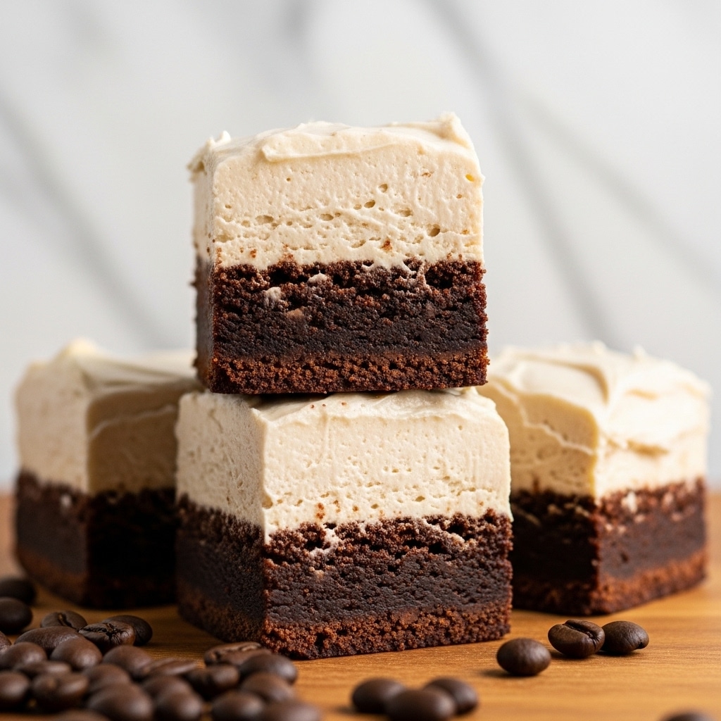 Three square dessert bars are stacked on a white marbled surface, each with two distinct layers: a thick, light tan creamy top layer and a dense, dark brown chocolate bottom layer with a slightly crumbly texture. The top layer is smooth but has some small swirls and unevenness, showing a homemade look. In the foreground, there are scattered medium-dark roasted coffee beans lying in front of the bars, adding contrast and an earthy tone to the composition. The background is softly blurred with a simple light gray color, keeping the focus on the dessert bars. photo taken with an iphone --ar 4:5 --v 7