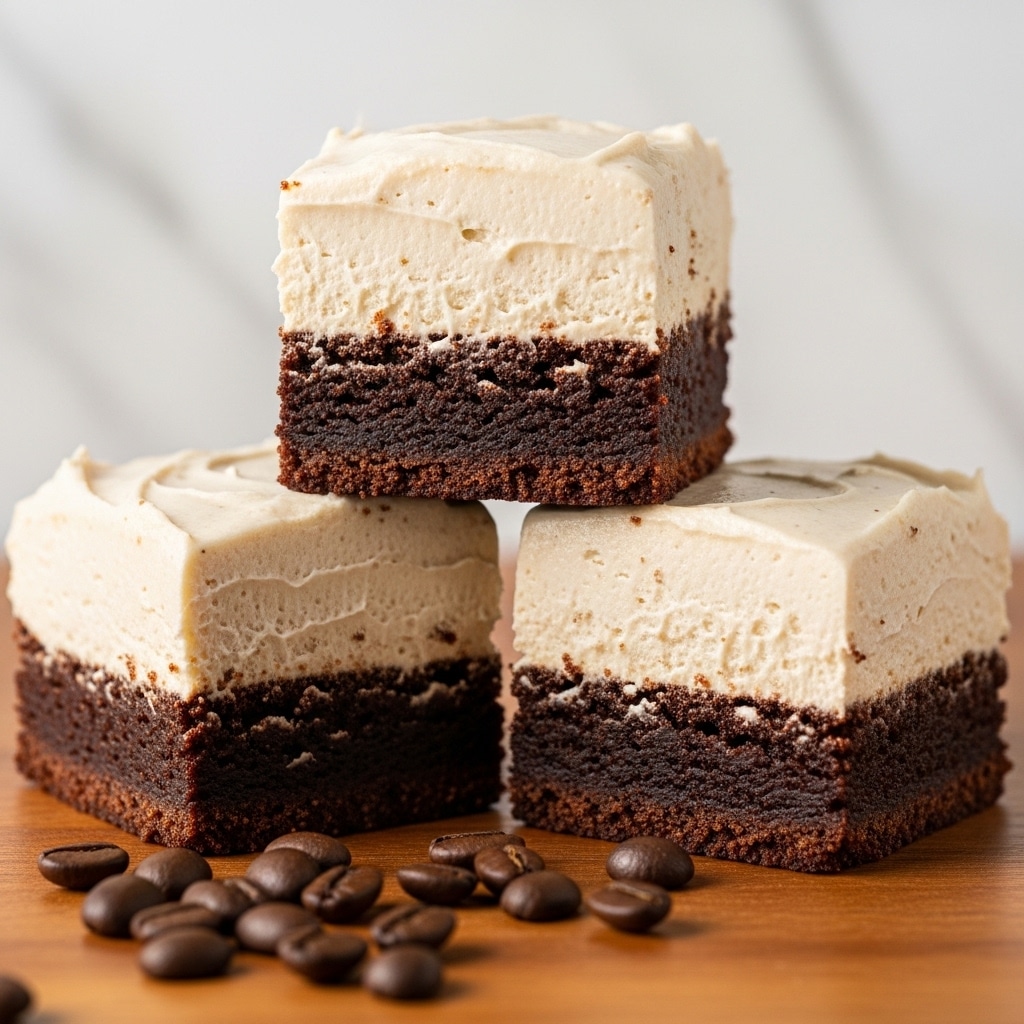 The image shows three square dessert bars stacked in a close-up view on a wooden surface with coffee beans scattered in front. Each bar has two distinct layers: the bottom layer is dark brown with a slightly crumbly and textured look like a rich chocolate brownie, while the top layer is a thick, creamy light beige frosting with a smooth but slightly uneven texture. One bar is positioned on top of the other two, standing upright to reveal the two layers clearly, and the background consists of a soft white marbled texture. photo taken with an iphone --ar 4:5 --v 7