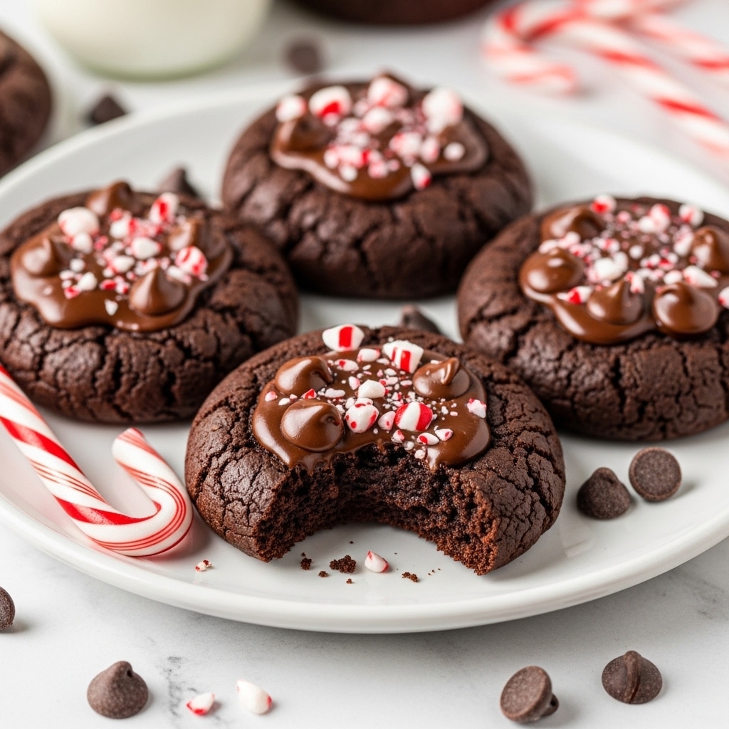 A close-up view of five dark chocolate cookies arranged on a white plate that sits on a white marbled surface. Each cookie has a rough, crinkly texture and is topped with melted chocolate chips and crushed red and white peppermint pieces, adding a speckled color contrast. One cookie in the center is partially eaten, showing a moist, dense, and rich chocolate inside. Scattered around the cookies are whole chocolate chips and a small peppermint candy cane at the front edge of the plate, enhancing the festive look. The background is softly blurred with a hint of a milk bottle and candy canes, emphasizing the cookies in focus. photo taken with an iphone --ar 4:5 --v 7