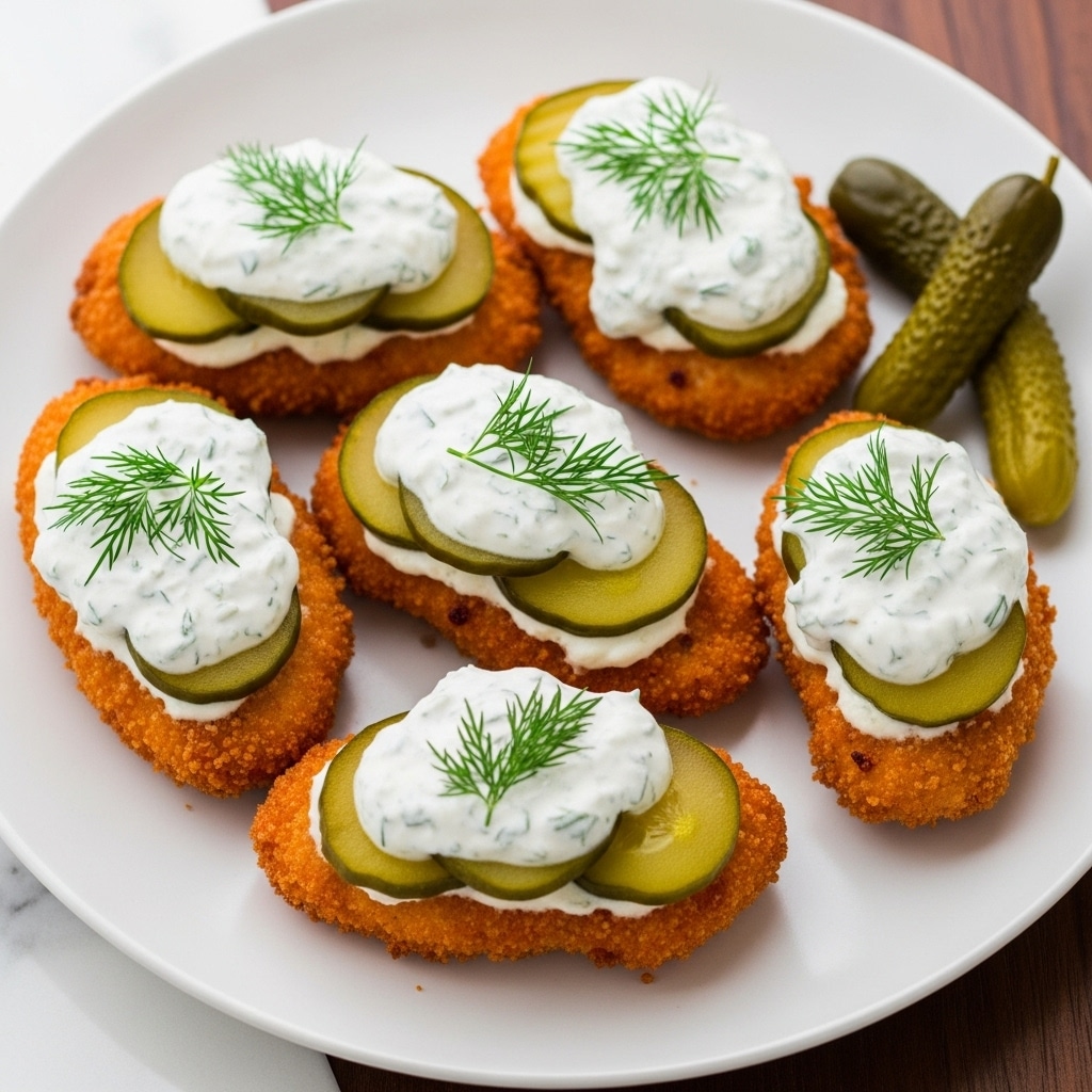 The dish shows six pieces of crispy golden-brown breaded chicken arranged closely on a large white plate. Each piece is topped with a smooth white sauce speckled with green herbs, and layered with several thin, round green pickle slices. Some freshwater dill sprigs are scattered gently on top, adding a fresh touch. One extra pickle slice rests on the plate’s side. The setting is on a dark wooden table with clean white marbled texture underneath. Photo taken with an iphone --ar 4:5 --v 7