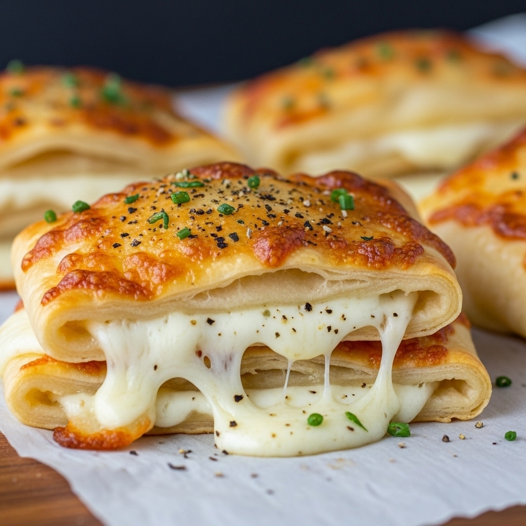 The image shows a close-up of a cheesy pastry with three visible layers of thin golden-brown crust folded over melted white cheese. The top layer is crispy and shiny with small brown spots from baking and sprinkled with green herbs and black pepper. The cheese inside looks soft and creamy, stretching slightly from the folds. The pastries rest on a sheet of parchment paper over a wooden surface, with a blurred dark background. Photo taken with an iphone --ar 4:5 --v 7
