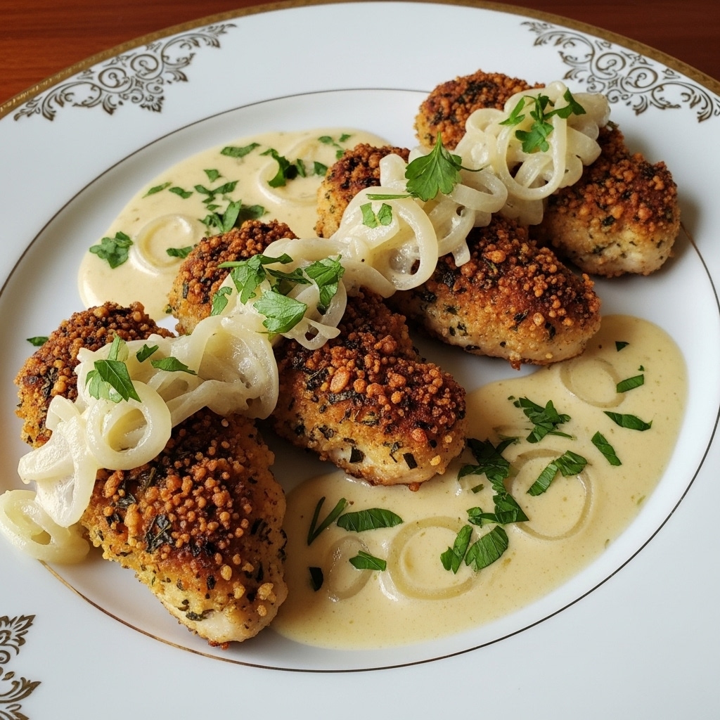 The image shows a white plate with a gold decorative edge holding four pieces of golden-brown, crispy chicken cutlets arranged in a diagonal line from front to back. Each cutlet has a crunchy, browned crust with visible herbs mixed in. The chicken pieces are topped with a light creamy sauce that has sautéed translucent onions, scattered with fresh chopped green parsley. The sauce pools around the base of the chicken, partially covering the plate and adding a smooth, rich texture contrast. The plate is placed on a dark wooden surface. photo taken with an iphone --ar 4:5 --v 7