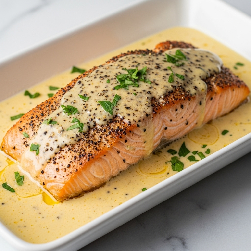 A thick piece of cooked salmon with a light brown, crispy top layer sprinkled with black pepper and small green herb pieces rests in the center of a white rectangular dish. The salmon is covered with a creamy, pale yellow sauce that pools around the sides, giving a glossy look. The sauce has visible flecks of black pepper and is garnished with small chopped green herbs on top. The dish is set on a white marbled surface. Photo taken with an iphone --ar 4:5 --v 7