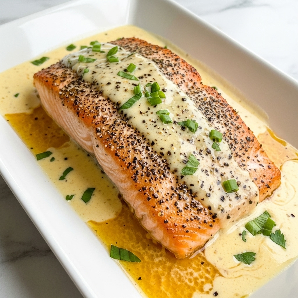 A thick, cooked salmon fillet with a crispy, golden-brown top layer sits in a white rectangular dish. The fillet is covered with a creamy, beige sauce that pools around the salmon, with small green herb bits sprinkled over the top and a touch of black pepper scattered on the sauce and fish. The salmon's texture is slightly flaky, and the sauce looks smooth and rich, all set on a white marbled surface. photo taken with an iphone --ar 4:5 --v 7