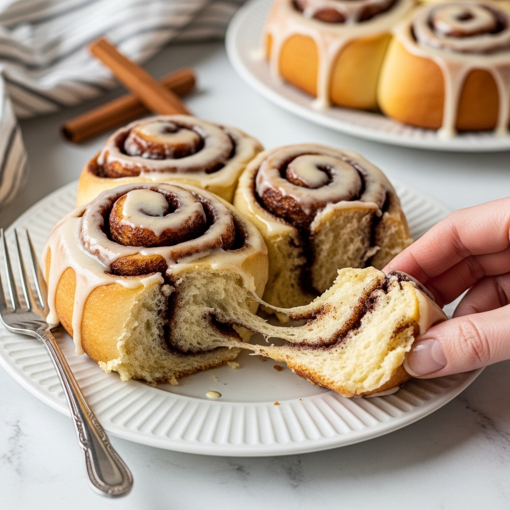 A silver metal baking tray holds eight cinnamon rolls arranged close together, each with a thick swirl shape showing golden brown dough inside. The rolls are topped with creamy white icing that is spread unevenly, allowing the cinnamon layers and bits of nuts to show through. The dough looks soft and fluffy with a light golden bottom, while the cinnamon swirl inside gives a rich deep brown color. One roll in the front corner is slightly pulled away from the others, exposing the light airy inside texture. The background is a white marbled surface. photo taken with an iphone --ar 4:5 --v 7