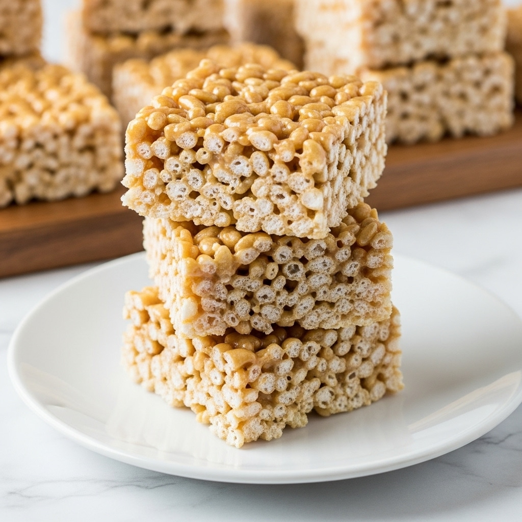 The image shows a stack of three square crispy rice treats placed on a white plate. Each treat has a light golden color with a slightly glossy texture, showing many small puffed rice pieces stuck together with melted marshmallow. The treats look soft but firm, with some visible air pockets inside. In the background, more pieces of the same treats are blurred on a wooden board. The whole setup is on a white marbled surface. photo taken with an iphone --ar 4:5 --v 7