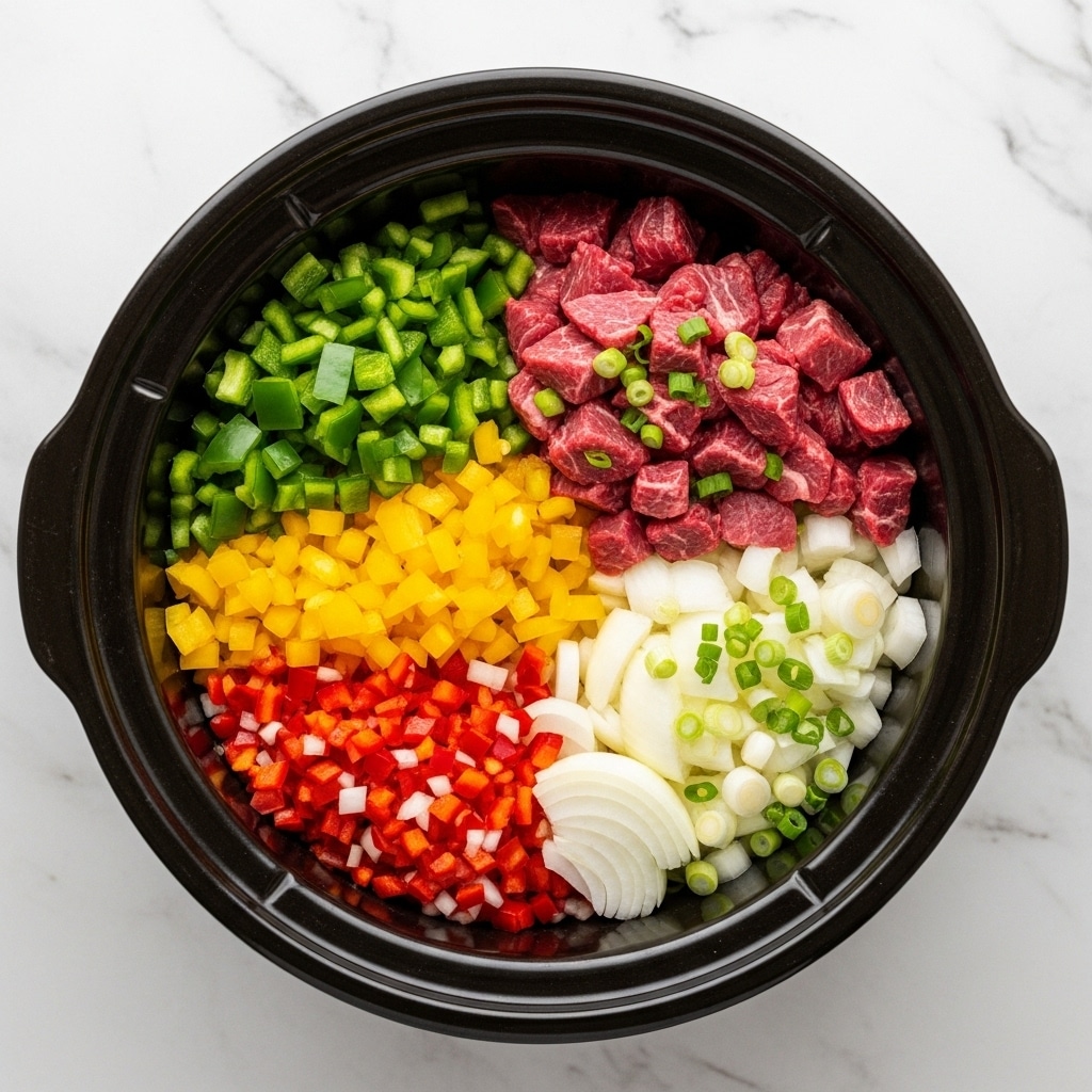 The image shows a round black slow cooker filled with five main layers of chopped ingredients, neatly divided into sections. One section holds bright green chopped bell peppers, another has deep red chunks of raw beef sprinkled with a few green onions. A third section contains bright yellow chopped bell peppers, while the fourth is filled with finely chopped red bell peppers mixed with bits of white onion. The last section has large pieces of white chopped onion with a few green onion slices on top. The slow cooker sits on a white marbled surface. photo taken with an iphone --ar 4:5 --v 7