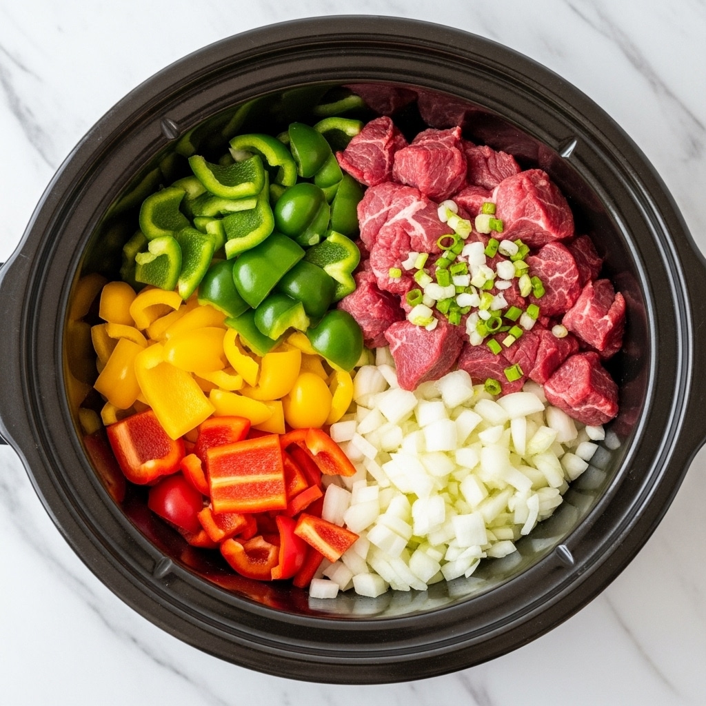 The image shows a black slow cooker filled with five different ingredients neatly placed in separate sections. At the top right, there are bright red raw beef cubes sprinkled with small green chopped onions. To the top left, there are large green bell pepper chunks. Below them, on the left side, are yellow bell pepper pieces. At the bottom left, near the yellow peppers, there are red bell pepper pieces mixing with chopped white onion pieces that fill the bottom right section. All the ingredients show fresh and vibrant colors, and the slow cooker is placed on a white marbled surface. photo taken with an iphone --ar 4:5 --v 7