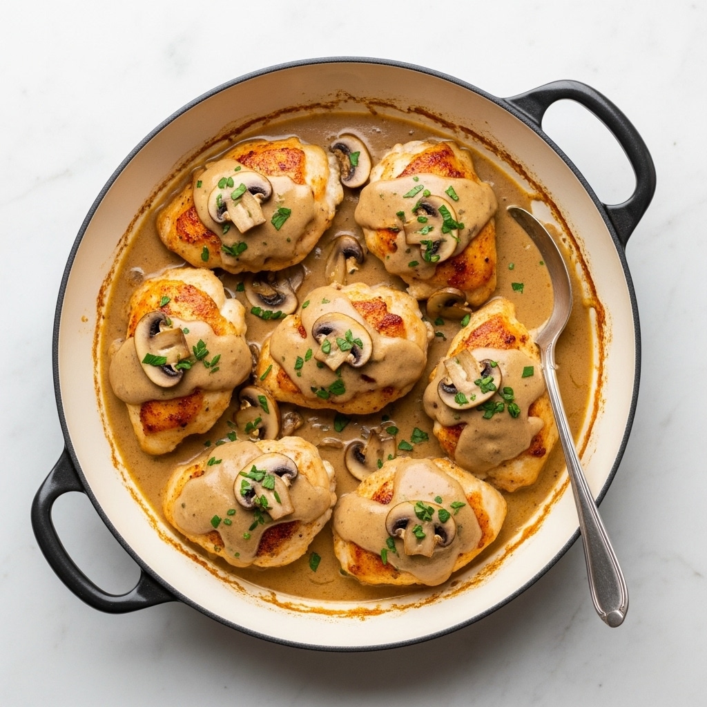The image shows a white round pan filled with several golden brown chicken pieces covered with smooth, creamy mushroom sauce. Light brown sauce coats sliced mushrooms scattered over the chicken, with small green herbs sprinkled on top. The pan has two black handles and rests on a white marbled surface, with a silver spoon placed inside the pan. photo taken with an iphone --ar 4:5 --v 7