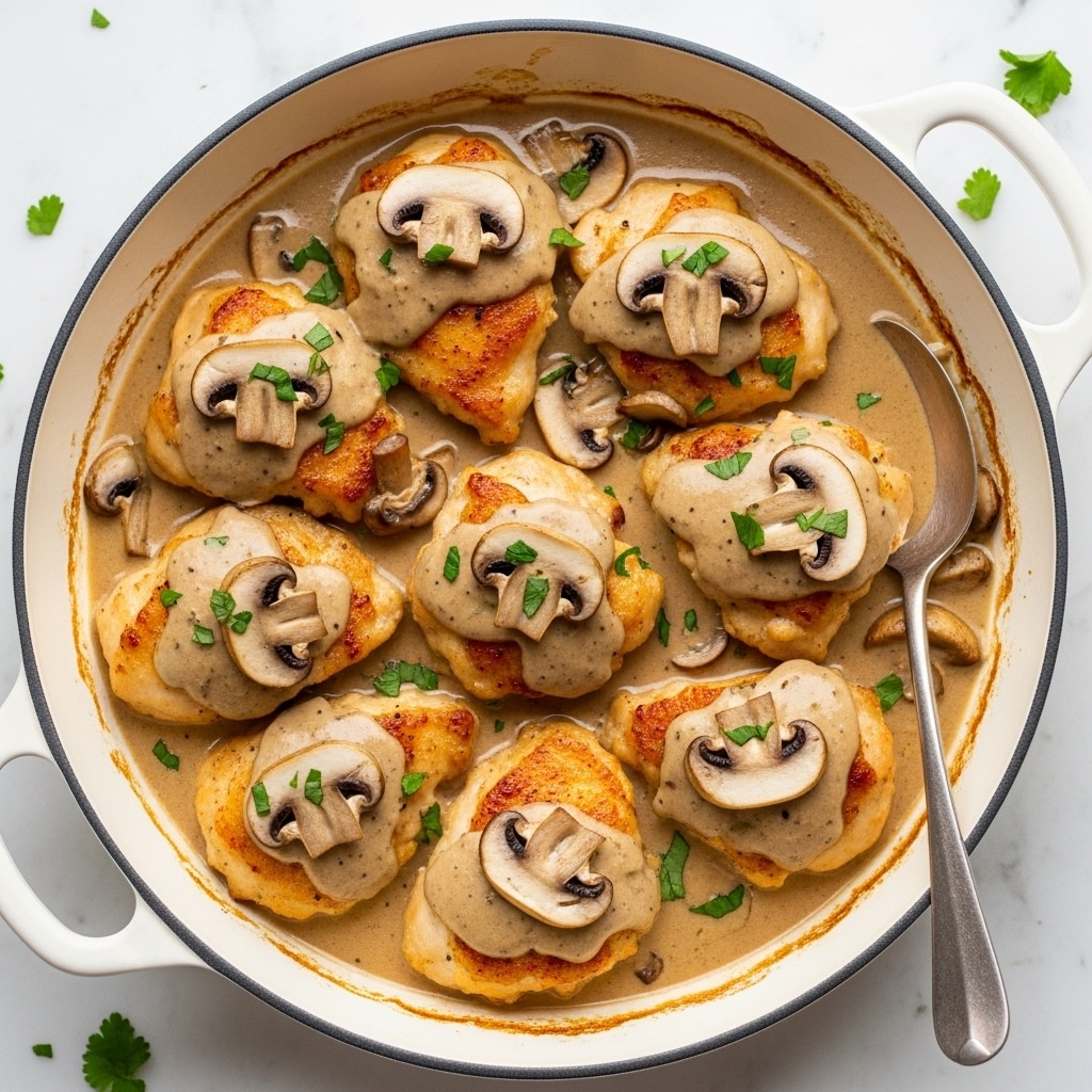 A white round pan filled with golden brown chicken pieces covered in a creamy light brown mushroom sauce. Large slices of cooked mushrooms float on top of the sauce, evenly spread over the chicken. Small green herb bits are sprinkled across the dish, adding a fresh touch. A silver spoon rests inside the pan on the right side. The pan sits on a white marbled surface with some green herbs scattered around. photo taken with an iphone --ar 4:5 --v 7