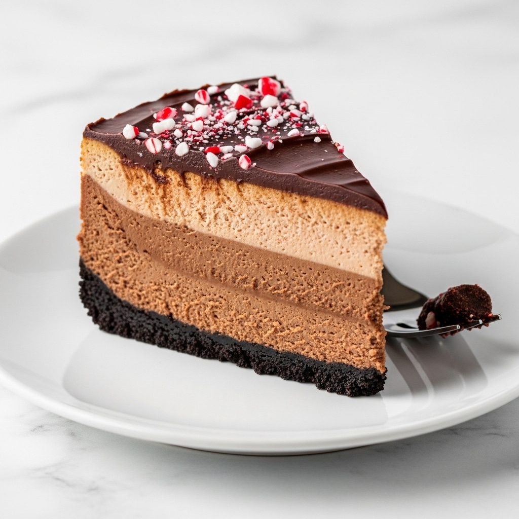 A slice of chocolate cheesecake with three layers sits on a white plate over a white marbled surface. The bottom layer is a dark, crumbly chocolate cookie crust. The thick middle layer is smooth, light brown chocolate cheesecake. The top layer features a shiny, dark chocolate ganache spread with crushed white and red peppermint candy sprinkled on top. A silver fork with a small chocolate crumb rests on the right side of the plate. Photo taken with an iphone --ar 4:5 --v 7