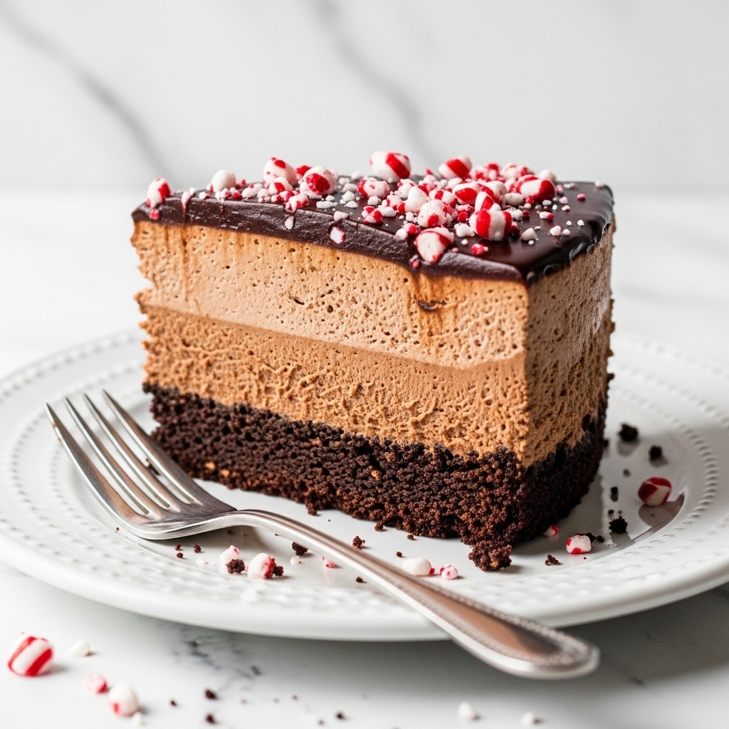 A slice of chocolate cake is placed on a white plate with a silver fork beside it. The cake has three visible layers: a dark, crumbly chocolate base at the bottom, a thick and smooth medium brown chocolate mousse layer in the middle, and a glossy dark chocolate ganache on top. The ganache is decorated with small pieces of white and red candy sprinkled over it. The plate has some crumbs and bits of the candy around the cake. The background is a white marbled texture. photo taken with an iphone --ar 4:5 --v 7