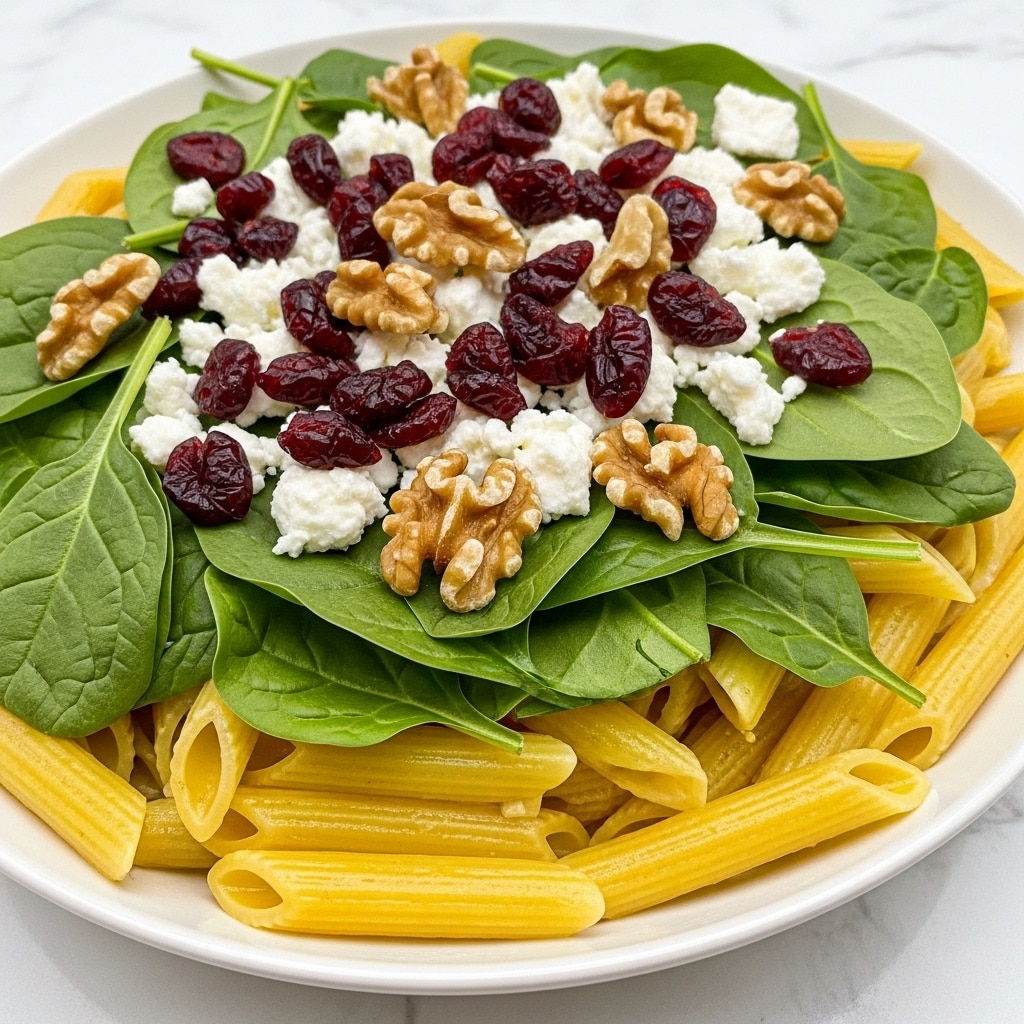 The image shows a close-up of a pasta dish in a white bowl on a white marbled surface. The dish has two main layers: the base layer is golden-yellow cooked penne pasta, with a smooth and slightly glossy texture. On top, there is a layer of fresh, dark green spinach leaves spread evenly. Scattered over the spinach and pasta are small, crumbly, white feta cheese pieces and deep red dried cranberries. A few whole, light brown walnuts add a crunchy texture and contrast. The colors are bright and fresh, making the dish look healthy and delicious. Photo taken with an iphone --ar 4:5 --v 7