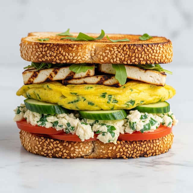 A toasted sandwich with three thick layers inside, placed on a white marbled surface. The top layer is a golden-brown toasted slice of sesame bread with some green leaves sprinkled on it. Below it is a layer of white grilled paneer with light char marks. The middle layer is a bright yellow omelette speckled with green herbs, resting on green cucumber slices. The bottom layer includes white scrambled eggs with green herbs mixed in, topped with red tomato slices. The sandwich is made with sesame bread that has a crispy texture and golden toasted edges. photo taken with an iphone --ar 4:5 --v 7