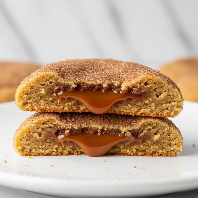 Two soft cookies stacked on a white plate with a close-up view showing the inside layers. Each cookie has a light golden-brown dough layer with a rough texture covered in sugar and cinnamon specks. The middle layer of each cookie shows a gooey caramel filling oozing out, with a shiny, sticky texture. The cookies look soft and chewy, with sugar crystals visible on the surface. The background is a white marbled texture. Photo taken with an iphone --ar 4:5 --v 7