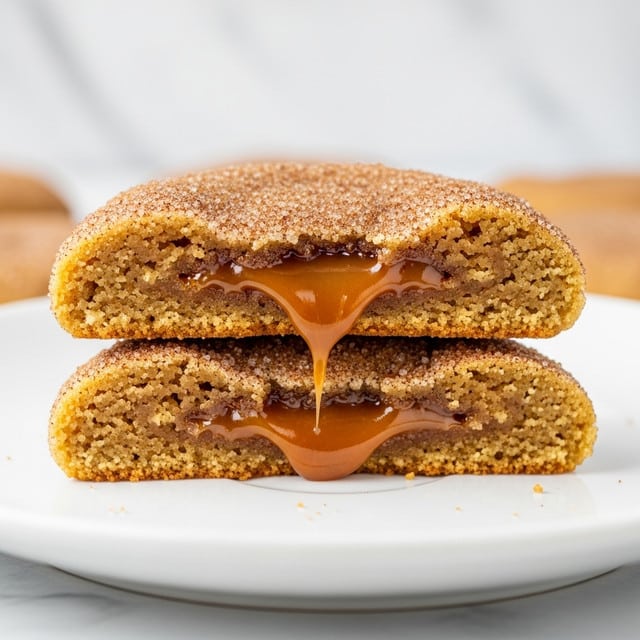 The image shows two stacked cookies on a white plate, both broken in half to display their gooey caramel centers. Each cookie has a soft, slightly crumbly light brown dough base, coated with a layer of coarse sugar and cinnamon that creates a rough texture on the surface. The caramel inside is shiny, smooth, and thick, oozing slightly out of the middle of the broken cookies. The background is a softly blurred white marbled texture. photo taken with an iphone --ar 4:5 --v 7