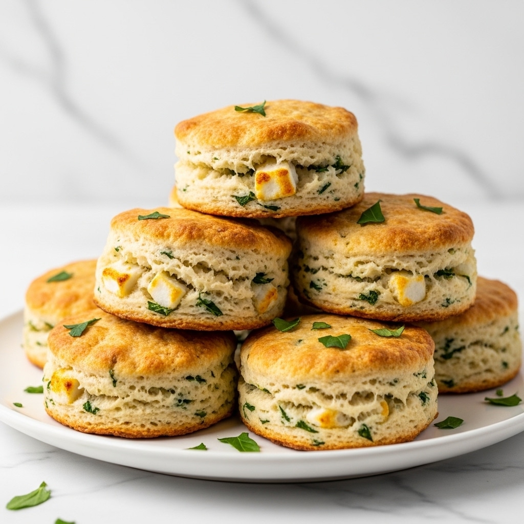 The image shows a stack of golden brown biscuits with a slightly crispy crust on a white plate. Each biscuit has visible bits of green herbs and small white chunks inside, giving them a textured look with a soft, fluffy interior. The biscuits are piled in a small pyramid shape, with some herbs scattered around the base on the plate. The background surface is a white marbled texture, creating a clean and bright setting. photo taken with an iphone --ar 4:5 --v 7