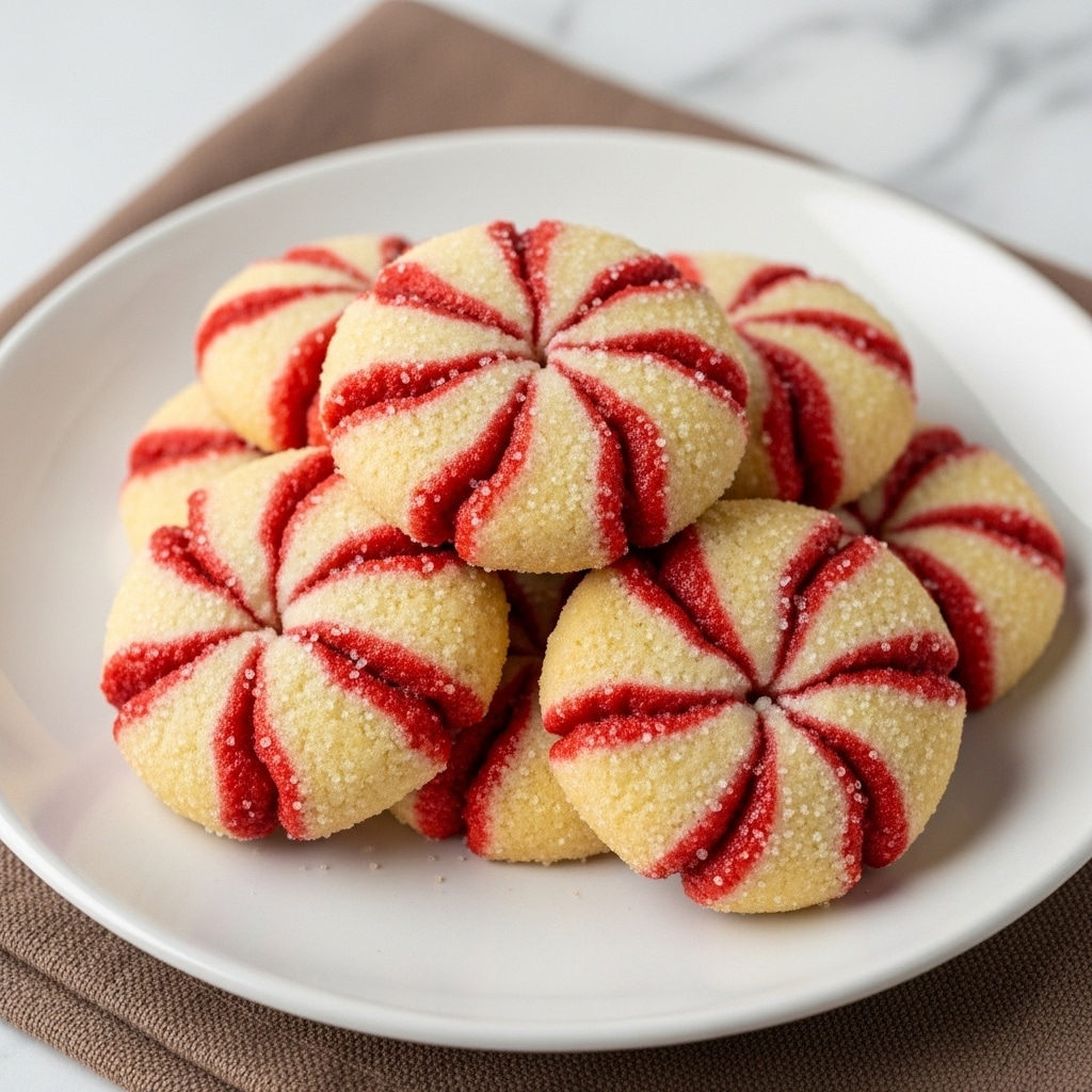 A white plate holds a stack of six round cookies, each with a swirl pattern of white and bright red colors. The cookies are coated with shiny sugar crystals that make them sparkle, and the red swirls create a peppermint-like design on the soft, sugar-dusted surface. The plate is placed on a brown cloth which lies on a white marbled texture. The cookies are thick and look soft, with the red and white swirls evenly spaced in a circular motion. photo taken with an iphone --ar 4:5 --v 7