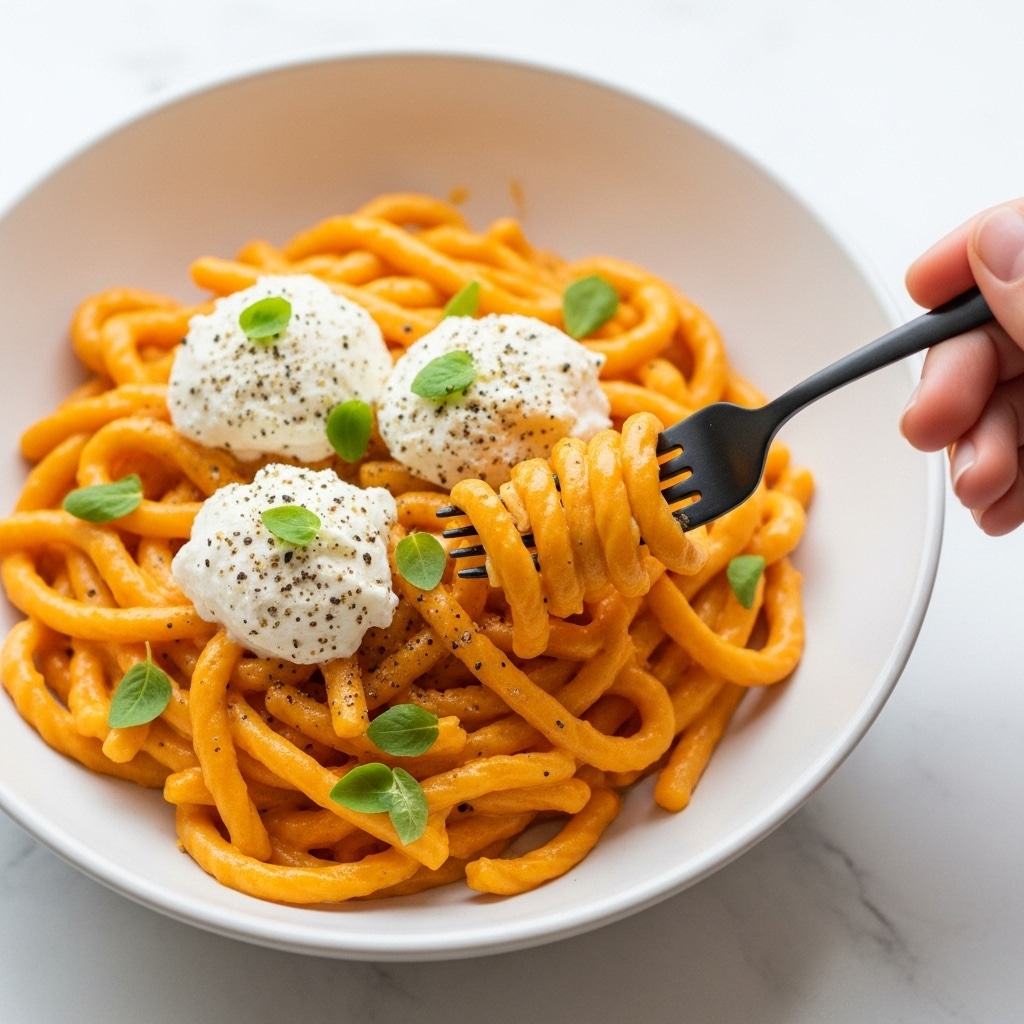 A white bowl holds a creamy orange pasta with thick ribbons of sauce-covered noodles twisted together. On top are dollops of white soft cheese that look smooth and slightly melted, sprinkled with green herb leaves and a dash of dark spices. A fork is placed on the side inside the bowl. The bowl sits on a white marbled surface. photo taken with an iphone --ar 4:5 --v 7