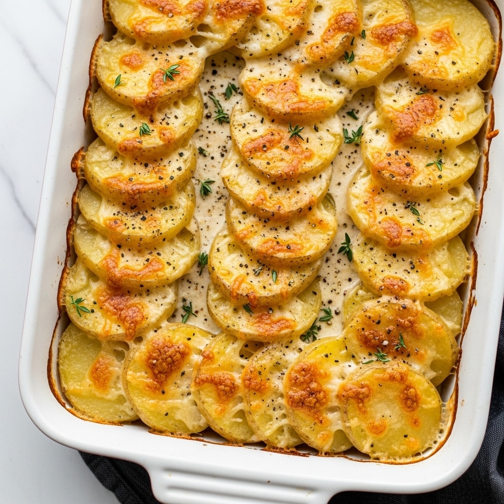 A close-up image of a white rectangular baking dish filled with layers of thinly sliced golden-yellow potatoes arranged vertically and slightly overlapping in several even rows, covered with a creamy white sauce that has browned and bubbled at the edges and on top of the potato slices, showing textured patches of melted cheese with a golden-brown crust. Small sprigs of fresh green herbs are scattered on top, adding a touch of color and freshness to the creamy, cheesy potato layers. The baking dish is placed on a white marbled surface with a dark blue cloth partially visible in the background. photo taken with an iphone --ar 4:5 --v 7