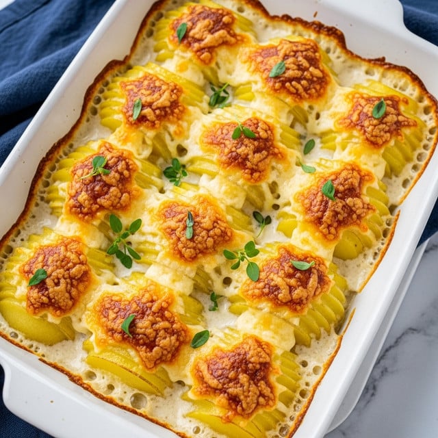 The image shows a white rectangular baking dish filled with golden brown scalloped potatoes arranged in even overlapping layers. Each potato slice is coated with a creamy sauce that has a smooth texture and bubbly, browned cheese on top. The top layer has crispy browned spots and is sprinkled with cracked black pepper and a few fresh green thyme sprigs as garnish. The dish rests on a white marbled surface with a dark cloth partially visible beneath it. photo taken with an iphone --ar 4:5 --v 7