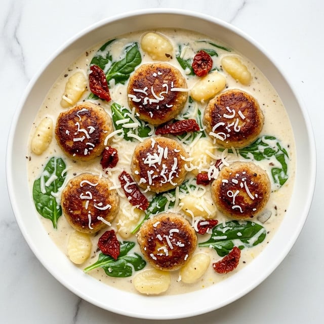 A white bowl filled with many golden-brown meatballs that appear soft and juicy, each meatball sprinkled with small pieces of green herbs and black pepper. The meatballs sit in a creamy white sauce that has a smooth texture, dotted with wilted dark green spinach leaves and light cream-colored gnocchi. Bright red sun-dried tomato pieces are scattered on top, and small shreds of white cheese add a finishing touch. The bowl is placed on a white marbled surface. photo taken with an iphone --ar 4:5 --v 7