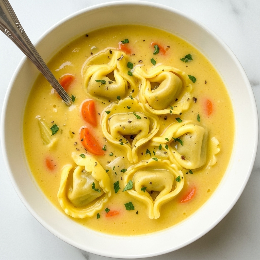 A white bowl filled with a creamy yellow soup, showing five tortellini pasta pieces floating in it. The soup has a smooth texture with small bits of tomato and is sprinkled with bits of green herbs. A spoon rests inside the bowl, with a woman's hand holding it on the edge. The background is a white marbled surface. photo taken with an iphone --ar 4:5 --v 7