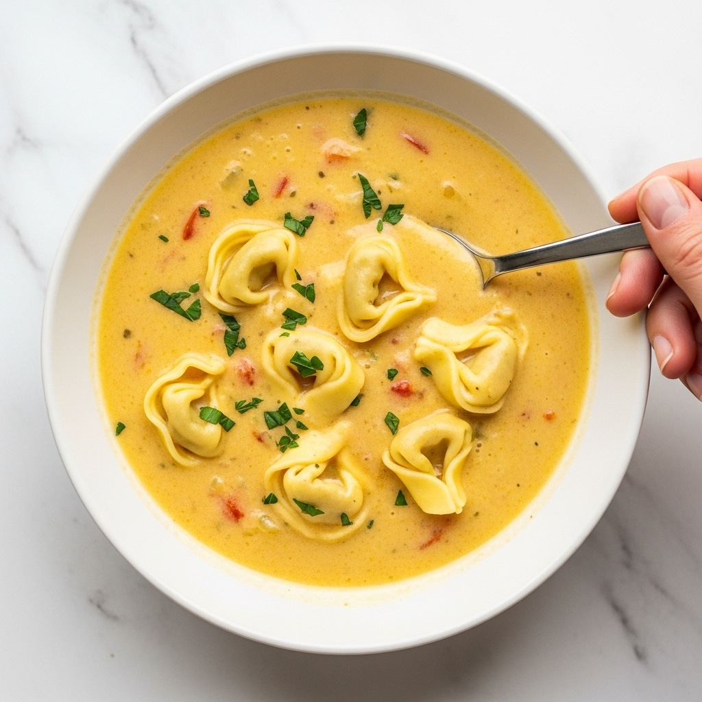 A white bowl filled with creamy yellow soup, thick in texture, with five plump tortellini floating on top. The tortellini are golden yellow with a smooth surface, some slightly folded, and sprinkled with small green herb bits. There are bits of orange carrot pieces scattered throughout the soup, adding slight color contrast. A silver spoon is inside the bowl, touching the creamy soup. The bowl is set on a white marbled surface. photo taken with an iphone --ar 4:5 --v 7