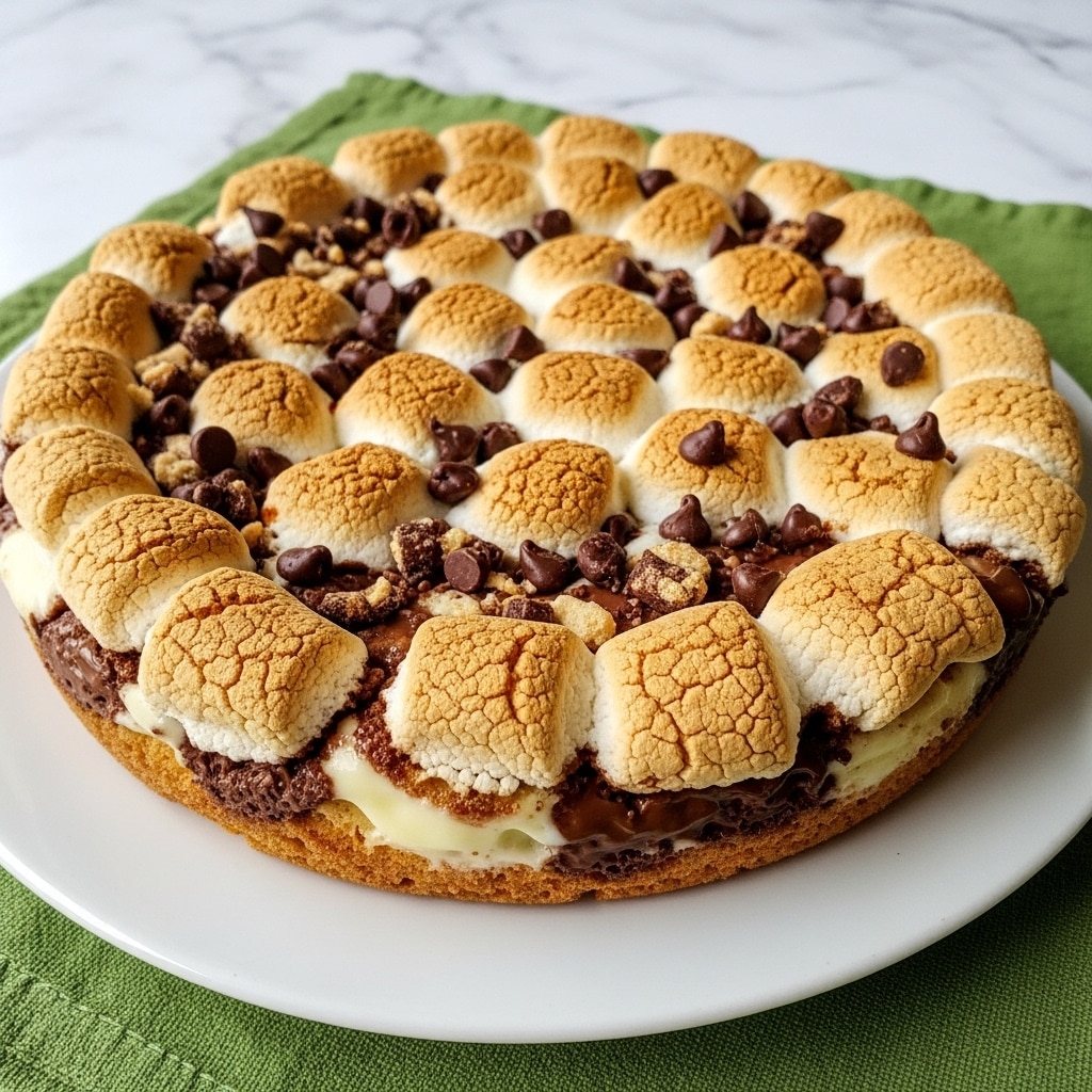 A round white plate holds a warm baked dessert with a rough, cracked top layer made of golden brown marshmallows. Underneath, there is a mix of melted white and milk chocolate visible through the cracks. The surface is sprinkled with a blend of semi-melted milk chocolate chips and small chunks of something crunchy or crumbly, giving a textured look. The plate sits on a green cloth, with a white marbled background. photo taken with an iphone --ar 4:5 --v 7