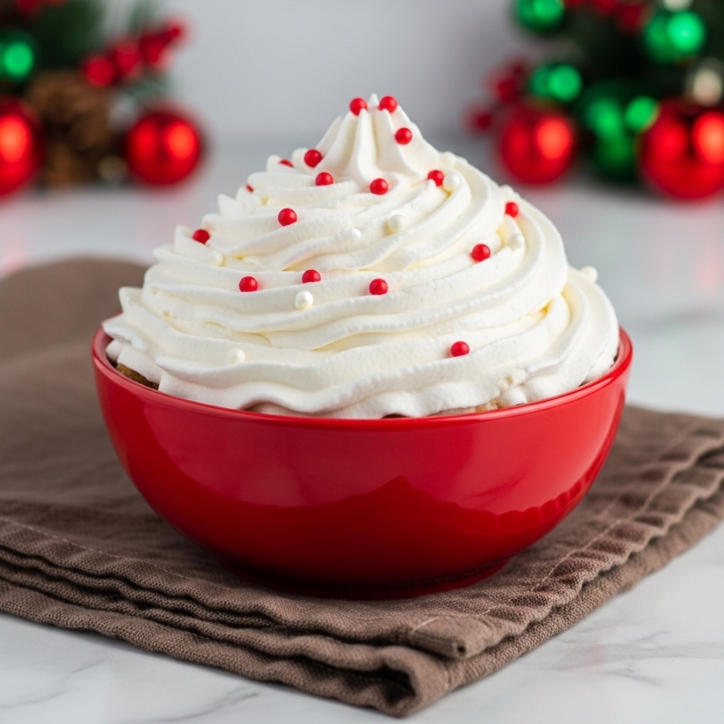 A red bowl filled with a dessert that has a thick, white whipped cream layer on top. The whipped cream is fluffy and swirled, sprinkled with small red and white round toppings. The bowl is placed on a piece of brown cloth on a table with a white marbled background. In the background, blurred red and green holiday decorations are visible, adding a festive feeling to the scene. Photo taken with an iphone --ar 4:5 --v 7