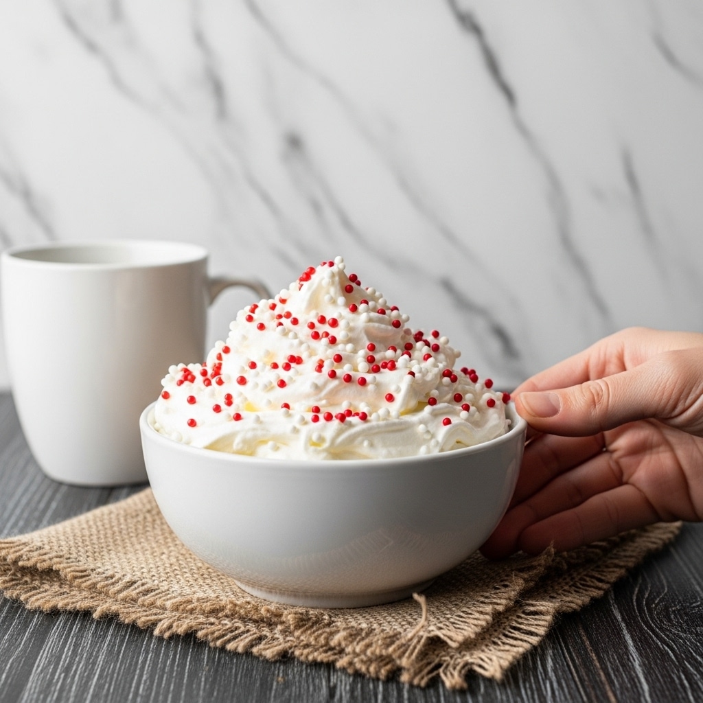 A white bowl filled with a thick, white whipped cream-like topping sprinkled with small red and white round sprinkles. The bowl sits on a piece of rough beige fabric over a dark wooden surface with a white marbled texture background, next to a white mug partially visible, and a woman's hand holding the bowl from the side. Photo taken with an iphone --ar 4:5 --v 7